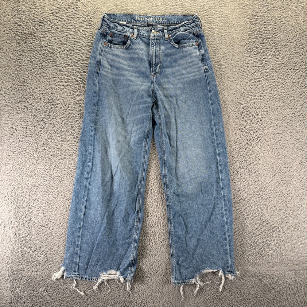 American Eagle Outfitters Jeans Women 4 Blue Denim Wide-Leg Travel Raw-Hem Baggy